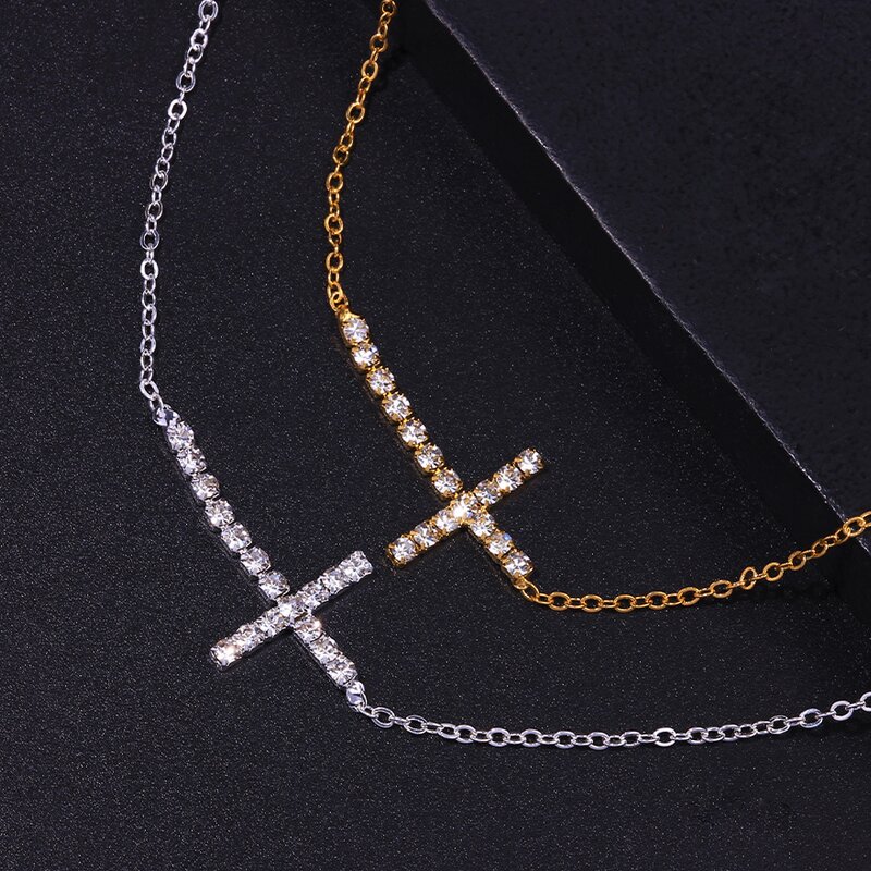 Cross Anklet Factory - Lady Silver 18k Gold Crystal Cross Charm Zircon Link Chain