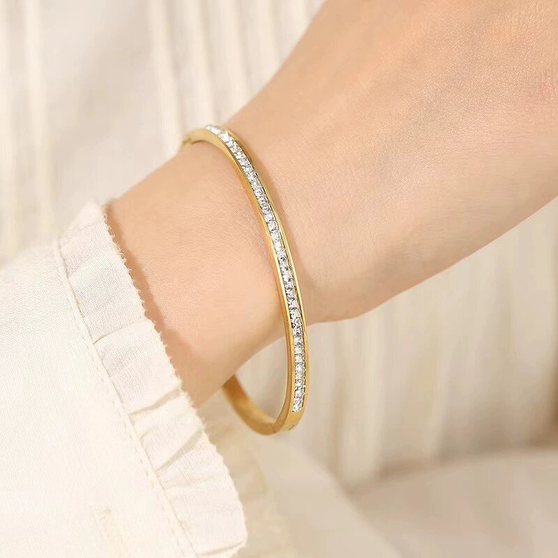 Cuff Bangle Factory - 4mm 18K Gold Plated Stainless Steel Zircon Open Bracelet