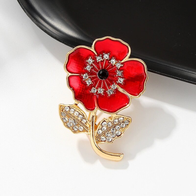 Remembrance Pin Factory - Enamel Poppy Flower Lest We Forget Zircon Brooch Badge