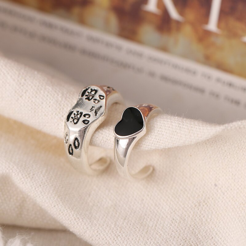 Heart Ring Factory - Antique Silver Plated Cry Sad Face Black Heart Open