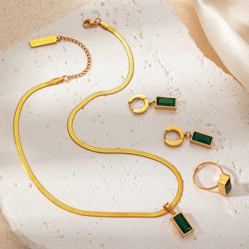 Jewelry Set Factory - Green Emerald 18K Gold Necklace Earrings Wedding Gift