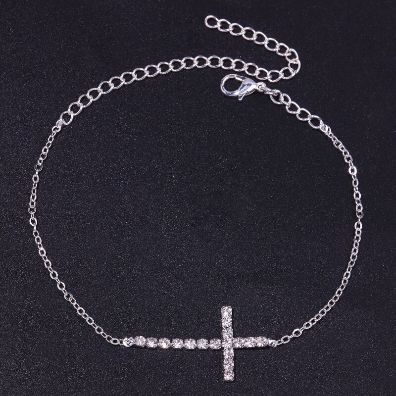 Cross Anklet Factory - Lady Silver 18k Gold Crystal Cross Charm Zircon Link Chain