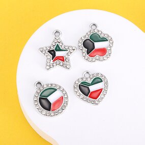 Kuwait Flag Charm Factory - Silver Enamel Kuwait Flag Rhinestone Crystal DIY