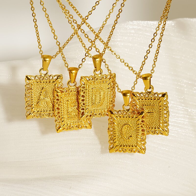 Letter Necklace Factory - Musesure Cross-Border 18K Gold-Plated Square Hollow Stainless Steel