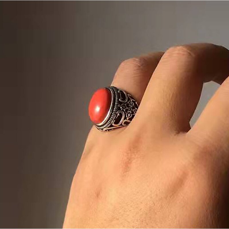 Men's Date Ring Manufacturer - European American Creative Domineering Punk Style Silver Red Zircon