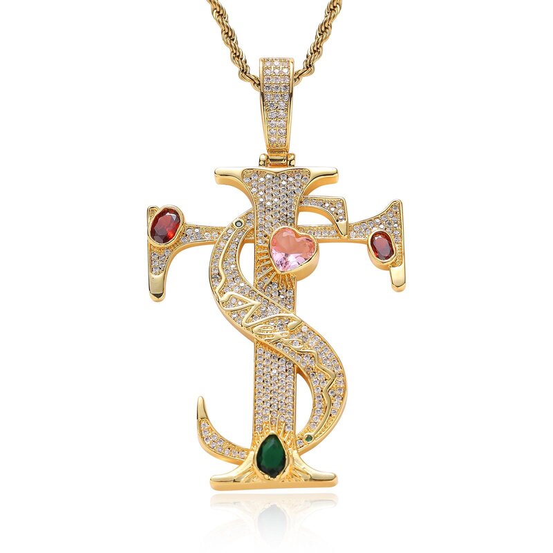 Hip-hop Necklace Factory - Cross Pendant Micro-Embedded Colorful Zircon Unisex Trendy