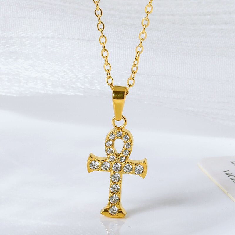 Children's Cross Necklace Factory - Stainless Steel Gold Plated Diamond Pendant Figaro Chain