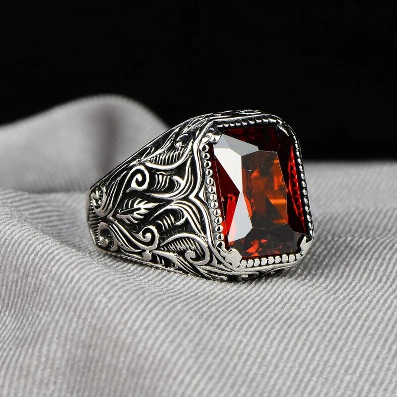 National Style Ring Manufacturer - Factory Direct Supply Retro Texture Inlaid Red Green Zircon Hot Sale