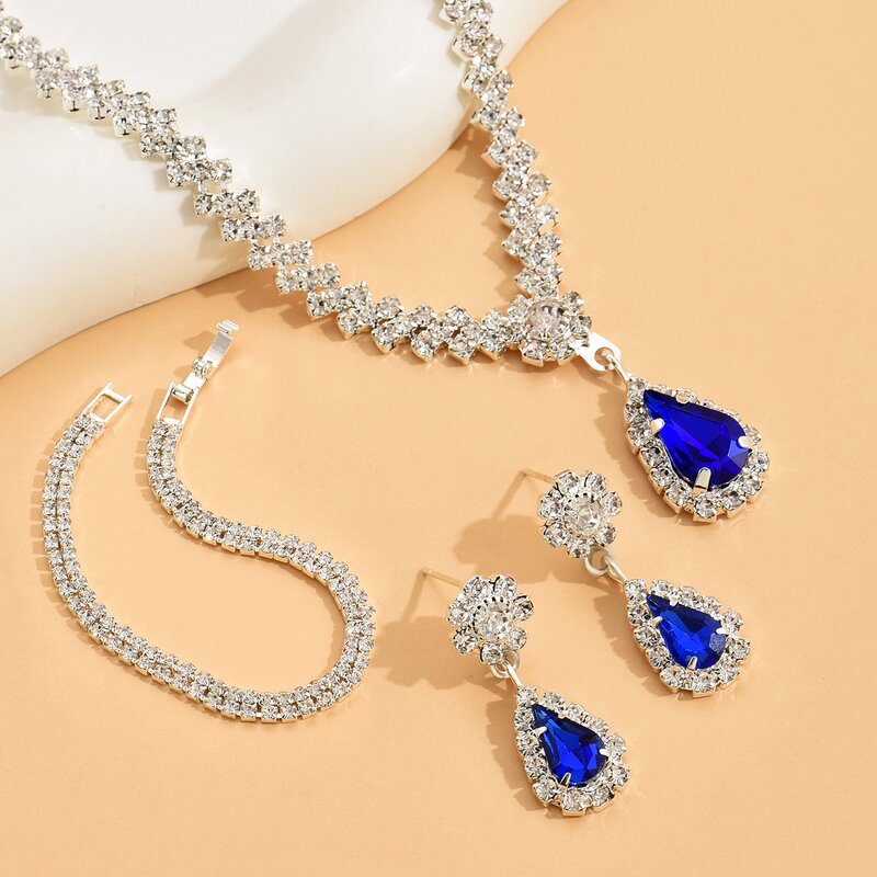 Jewelry Set Factory - Brilliant Full Diamond Zircon Water Drop Necklace Earrings Wholesale