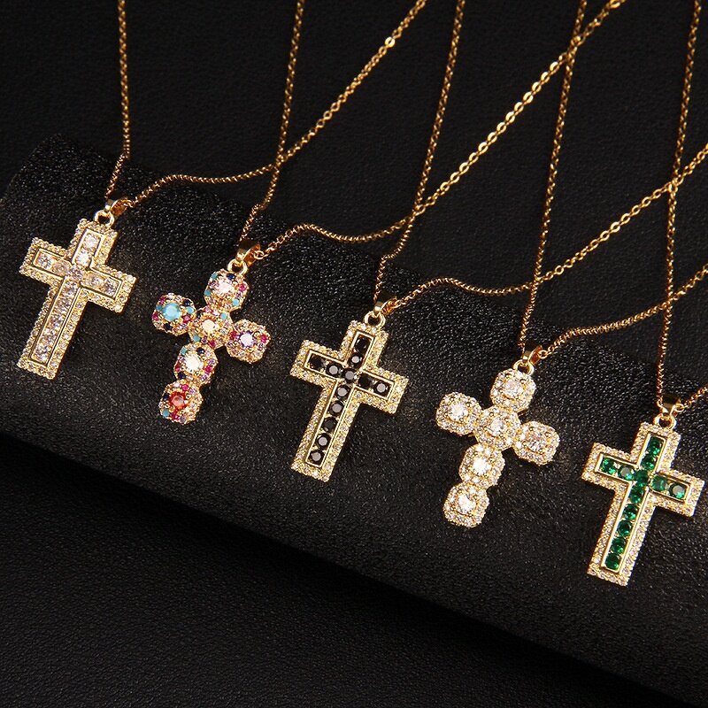Children's Cross Necklace Factory - European American Micro-inlaid Zircon Gold Plated Pendant