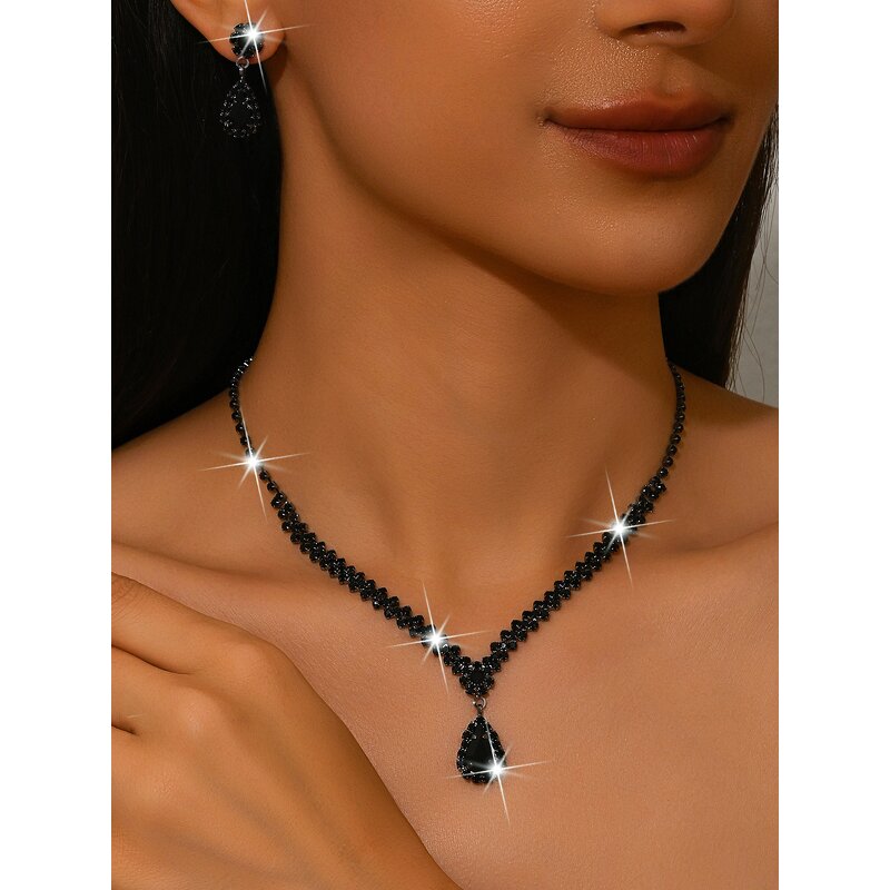 Jewelry Set Manufacturer - New Wholesale Metal Inlaid Diamond Necklace Earrings Wedding Bride