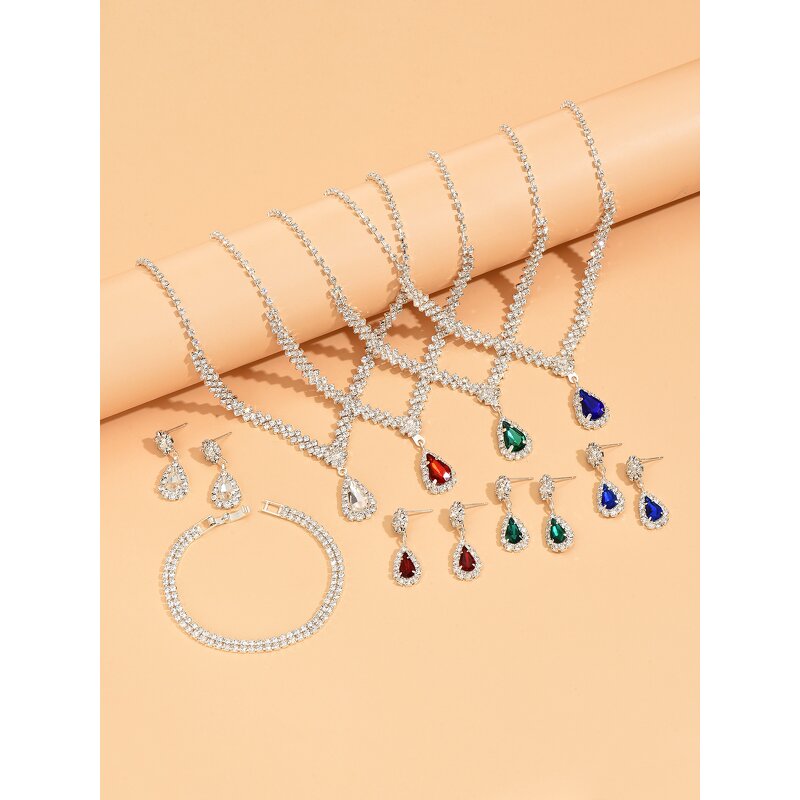 Jewelry Set Factory - New Wholesale Metal Inlaid Diamond Necklace Earrings Bride Jewelry Set