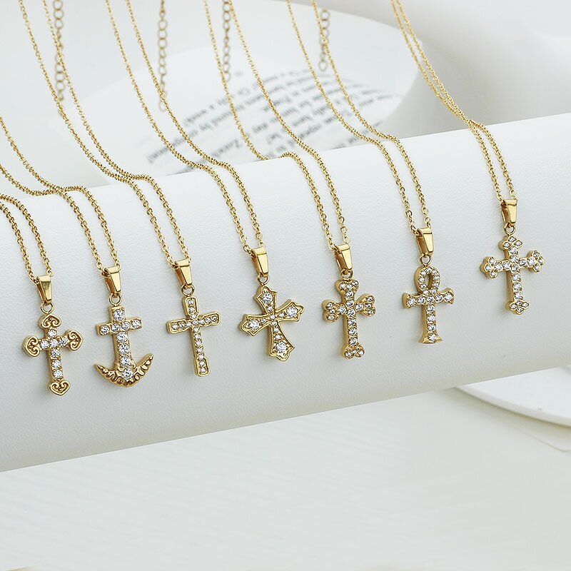 Children's Cross Necklace Factory - Stainless Steel Gold Plated Diamond Pendant Figaro Chain