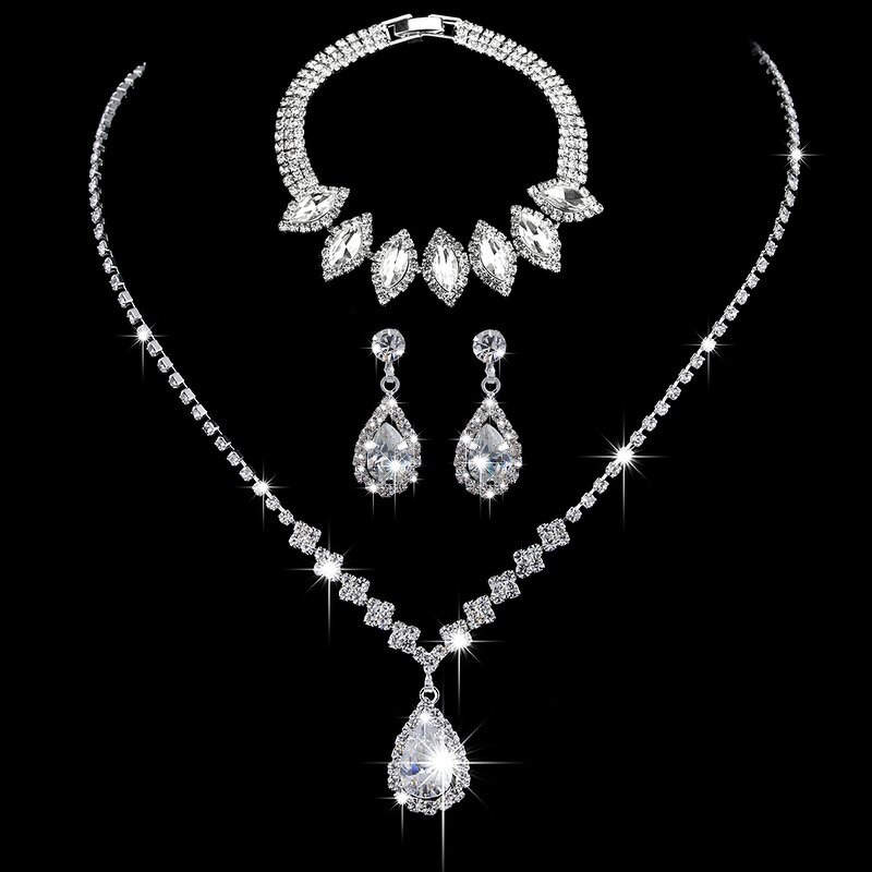 Jewelry Set Manufacturer - Brilliant Full Diamond Zircon Water Drop Necklace Earrings Shooting