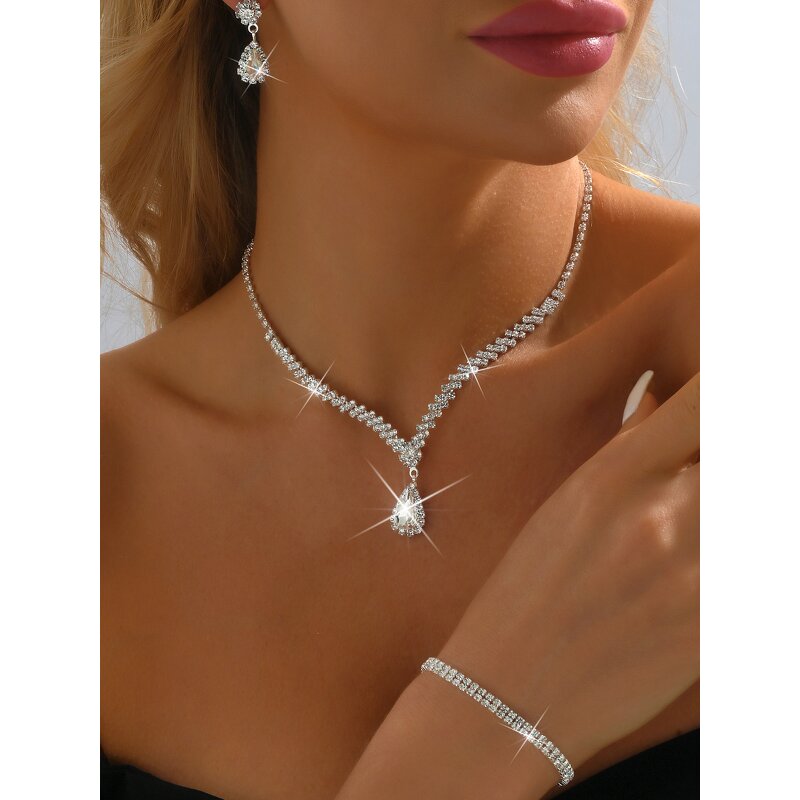 Jewelry Set Factory - New Wholesale Metal Inlaid Diamond Necklace Earrings Two-Piece Set Wedding