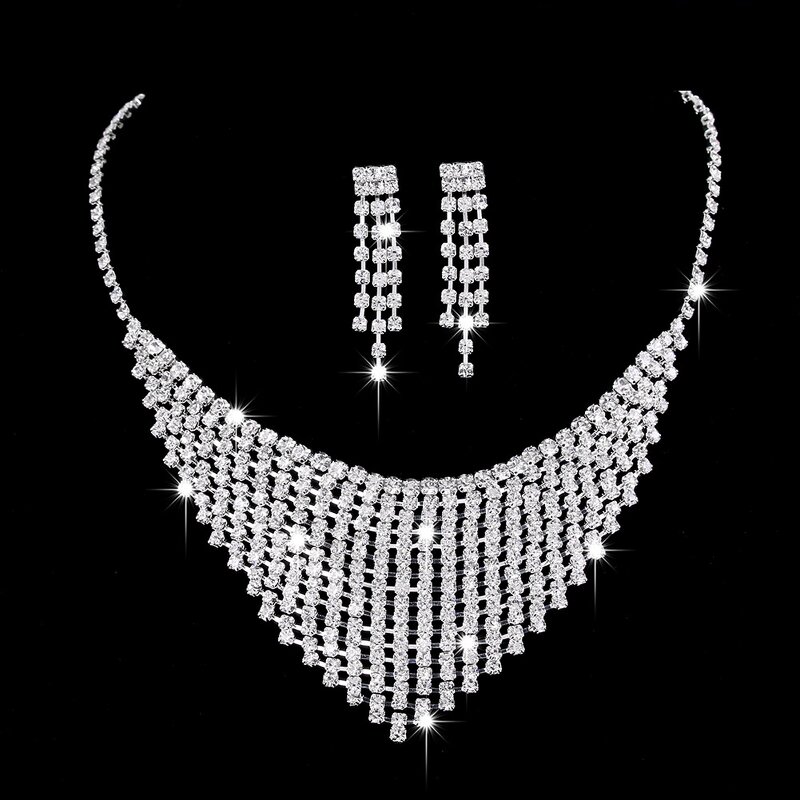 Jewelry Set Factory - Brilliant Full Diamond Zircon Water Drop Necklace Earrings Bridal