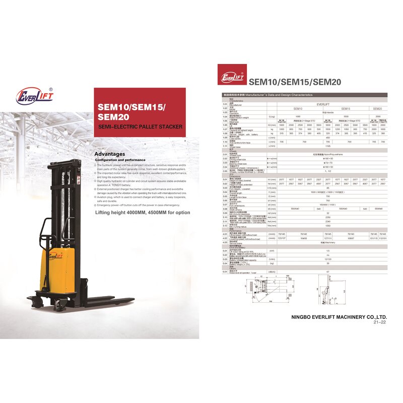 Semi Electric Stacker Manufacturer - OEM/ODM Custom 1.0Ton 1.5Ton 2.0Ton Semi Electric Pallet Stacker Walkie Handle