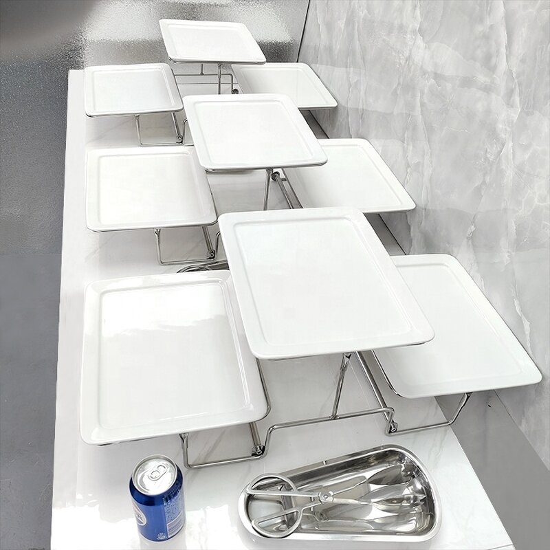 Catering Display Stand Manufacturer - OEM/ODM Custom Stainless Steel Two Tier Catering Display Stands with Ceramic Plates