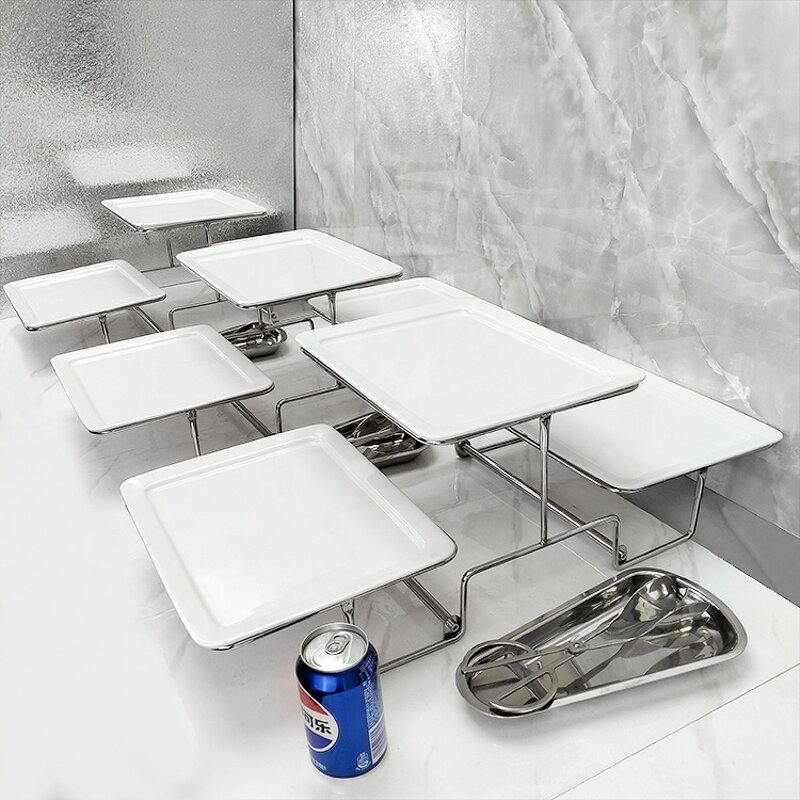 Catering Display Stand Manufacturer - OEM/ODM Custom Stainless Steel Two Tier Catering Display Stands with Ceramic Plates