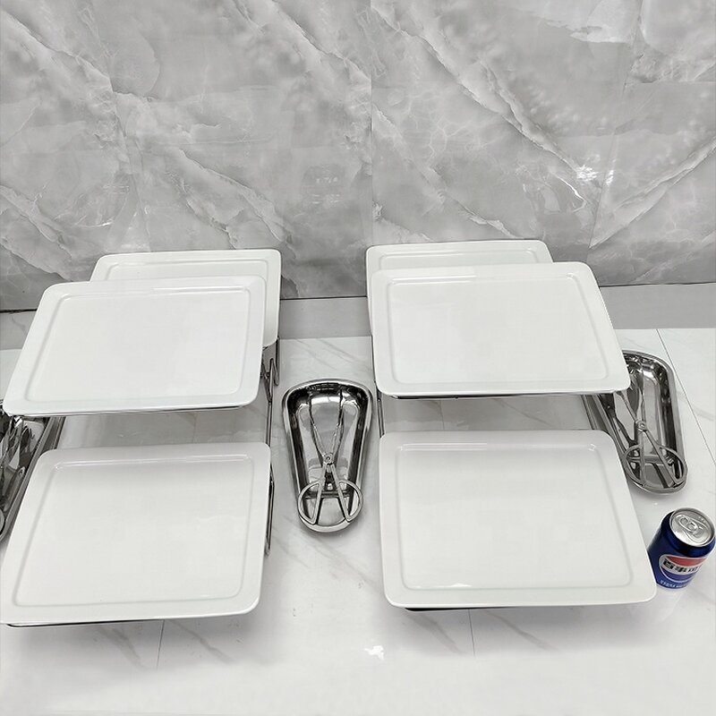 Catering Display Stand Manufacturer - OEM/ODM Custom Stainless Steel Two Tier Catering Display Stands with Ceramic Plates