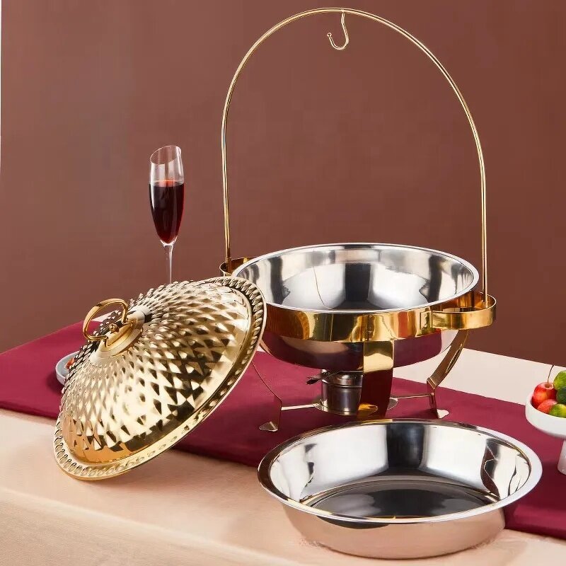 Chafing Dish Factory - OEM/ODM Custom Silver Stainless Steel Round Hanging Hinged Lid Chafing Dish Food Warmer