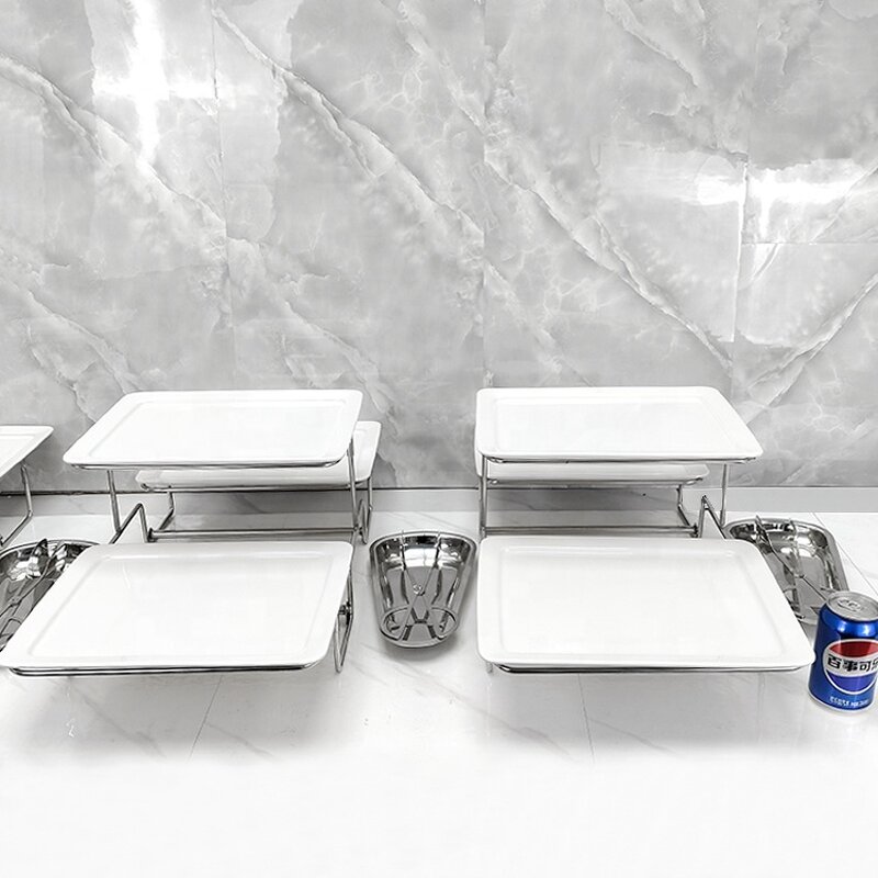 Catering Display Stand Manufacturer - OEM/ODM Custom Stainless Steel Two Tier Catering Display Stands with Ceramic Plates