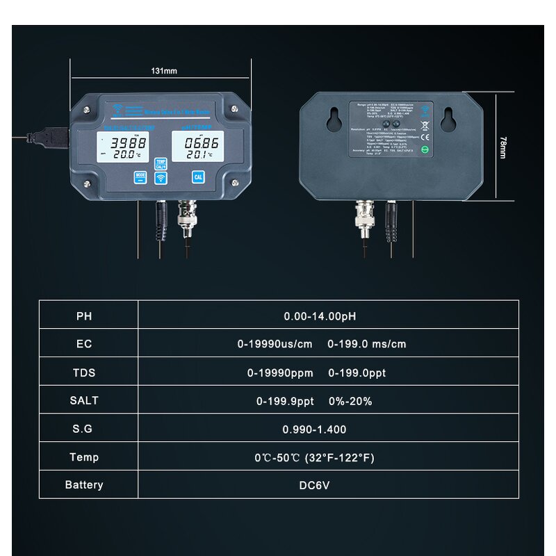 Online Wifi PH Monitor Factory - OEM/ODM Custom Online Wifi Digital PH Monitor Wireless PH Meter 6 in 1 TDS EC
