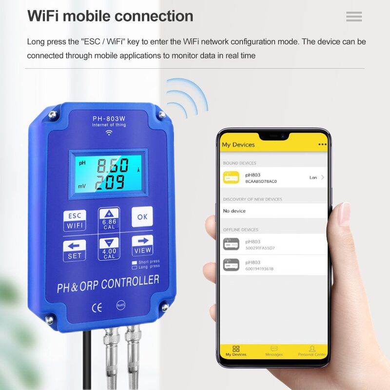 Wifi PH Meter Manufacturer - OEM/ODM Custom PH-803W 2 in 1 Wifi Output Power Relay Monitor Water Quality Tester