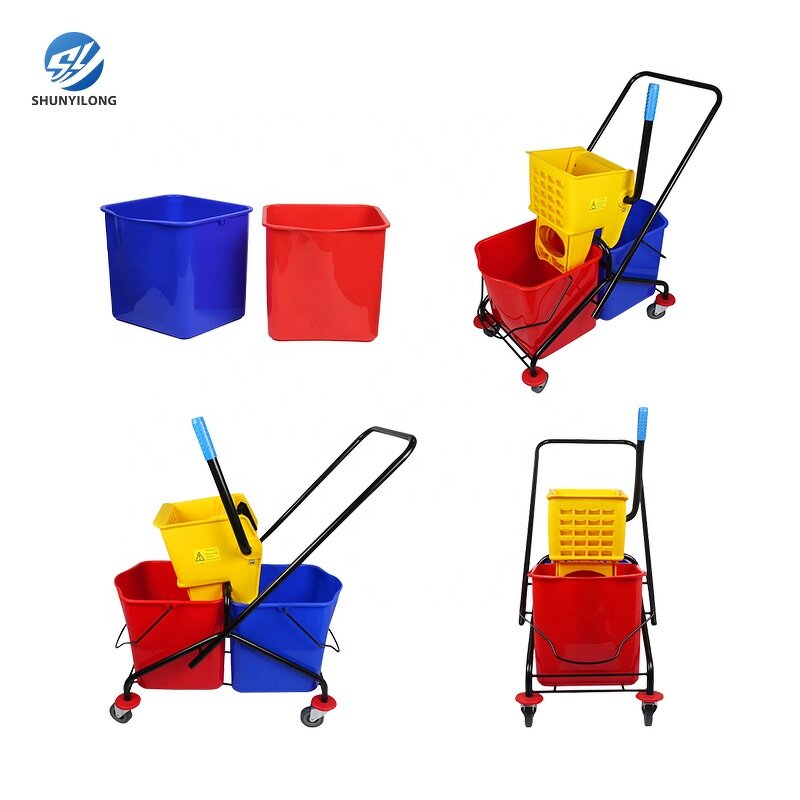 Double Bucket Trolley Manufacturer - OEM/ODM Custom Hotel Housekeeping 30L Double Bucket Trolley PP Plastic Side Press