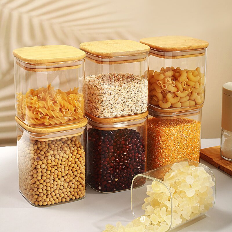 Glass Spice Jar Factory - OEM/ODM Custom Clear Silicone Borosilicate Glass Square Airtight Spice Jar with Bamboo Lid