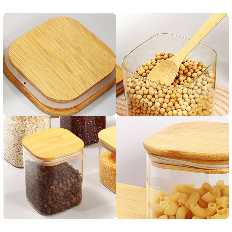 Glass Spice Jar Factory - OEM/ODM Custom Clear Silicone Borosilicate Glass Square Airtight Spice Jar with Bamboo Lid