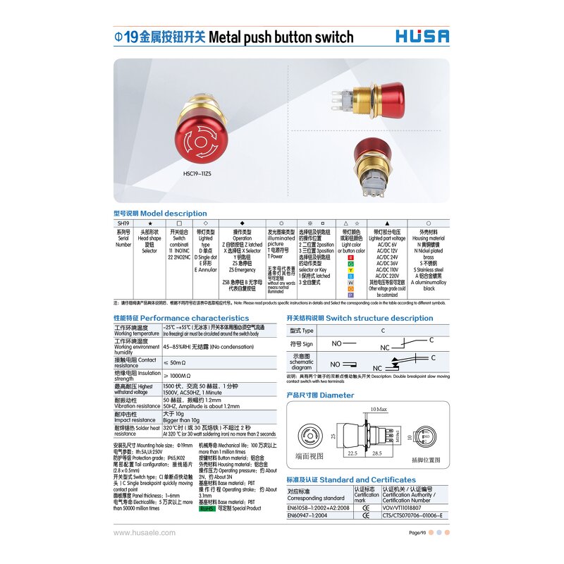 Mushroom Head Emergency Stop Switch Manufacturer - OEM/ODM Custom Mushroom Head Red Emergency Stop Push Button Switch 19mm Metal
