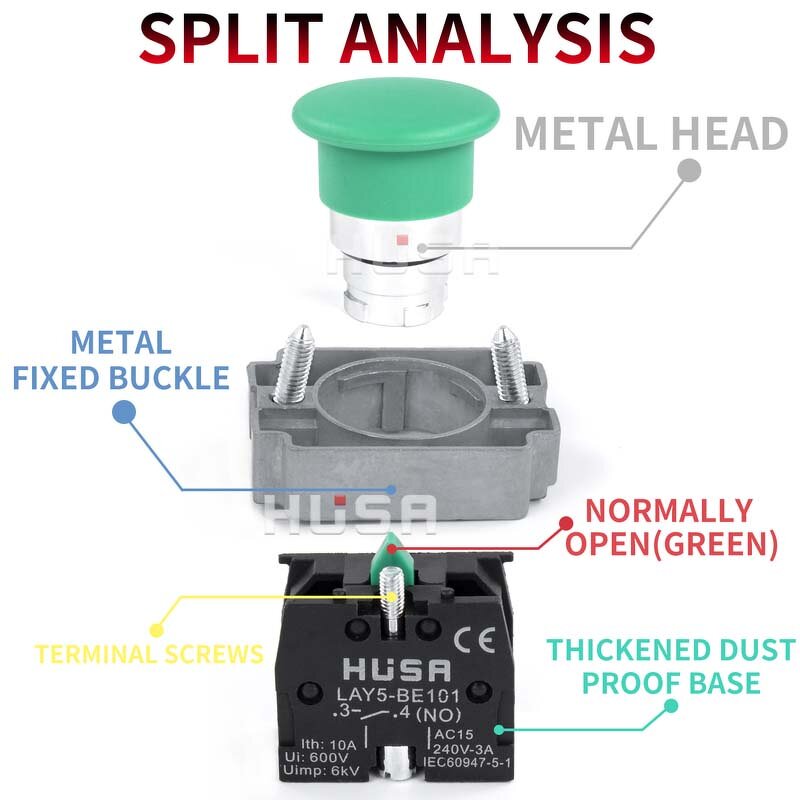 XB2 Button Switch Manufacturer - OEM/ODM Custom XB2 Button Switch Self Reset Mushroom Head 22mm Start 1NO1NC Momentary Plastic