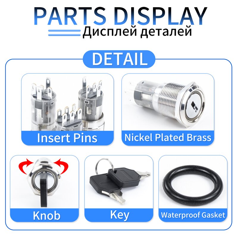 Key Switch Manufacturer - OEM/ODM Custom 16-22mm Key Switch 2 Position 2 Pin Solder Terminals Pull-Out Key Operated Switch