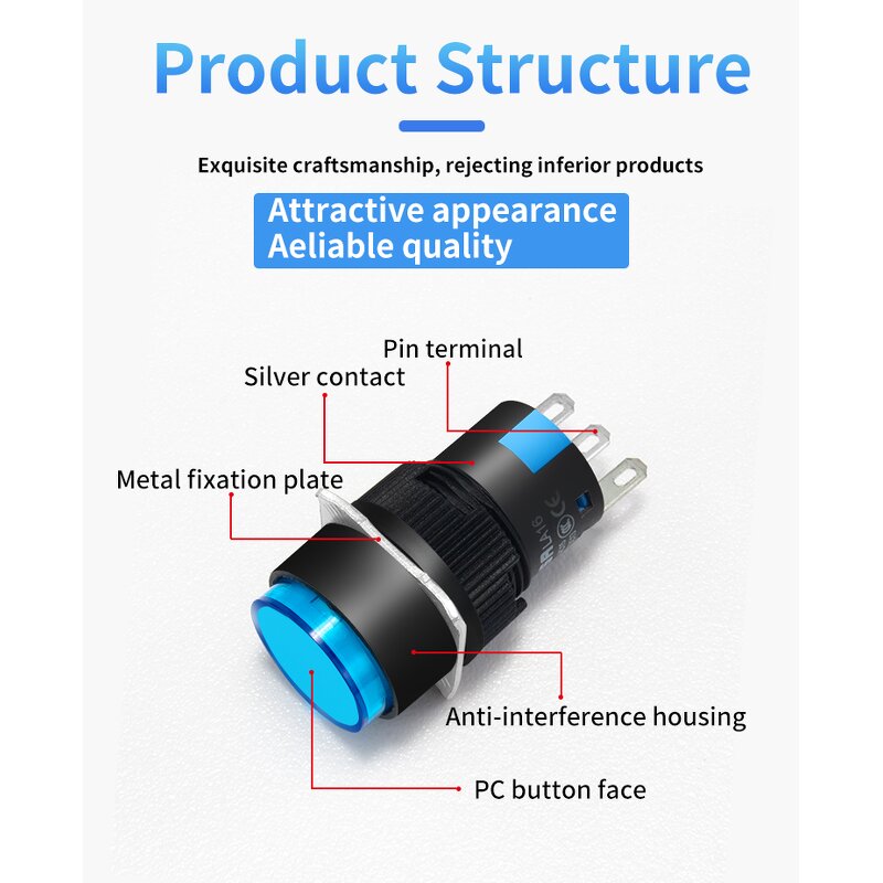 LA16 Switch Factory - OEM/ODM Custom 16mm Plastic Push Button Switch LA16 Illuminated Circle Square Rectangle 3A 6-220V
