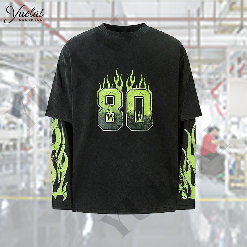 Men's T-Shirt Manufacturer - OEM/ODM Custom Men's Street Waffle Sleeve Cotton Vintage Letter Printing Silk Screen Printing