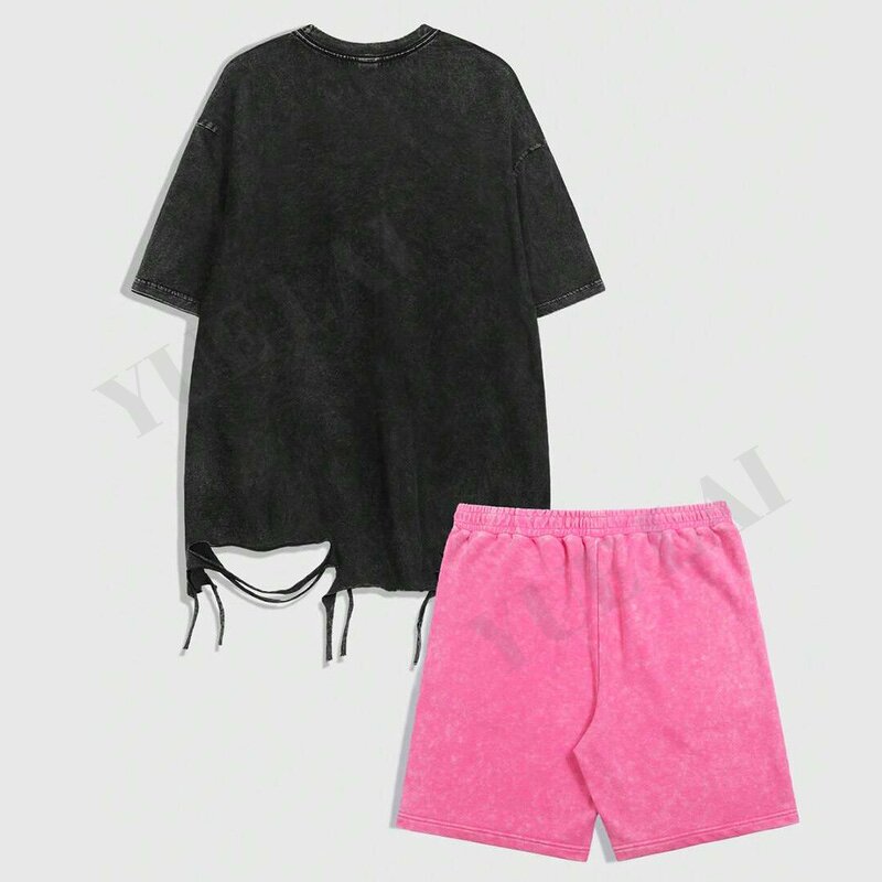 Men's T-Shirt Set Factory - OEM/ODM Custom Men's Pure Cotton Acid Washed Faded Bleached T-Shirt Shorts Set