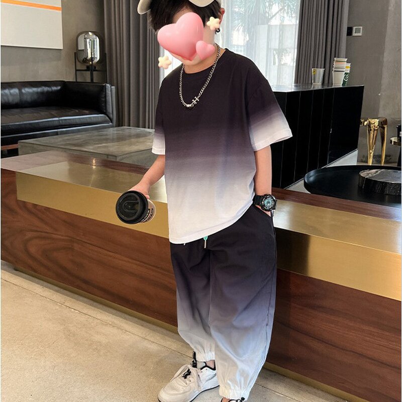 Boys Summer T-Shirt Sets Factory - OEM/ODM Custom Trendy Brand Gradient Color Boys Summer T-Shirt Sets 2025 Children's Clothes