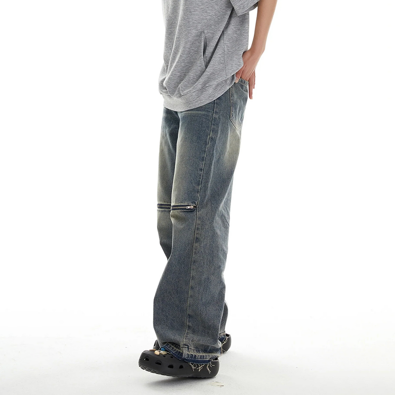 Men's Jeans Manufacturer - OEM/ODM Custom 2025 Y2K Men's Baggy Denim Flared Trousers Zipper Washed Jeans