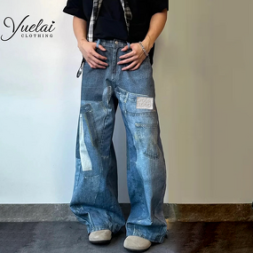 High Waist Camo Jeans Factory - OEM/ODM Custom High Waist Block Camo Jeans Y2K Baggy Distressed Acid Wash Patchwork