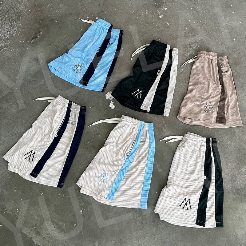 Embroidery Mesh Shorts Manufacturer - OEM/ODM Custom Logo Embroidery Mesh Shorts Color Block Sports Casual Loose Elastic