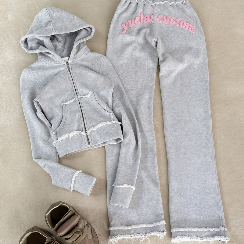 Zip-up Tracksuit Set Factory - OEM/ODM Custom Wholesale Women's Zip-up Cotton Tracksuit Loungewear Set Cropped Hoodie