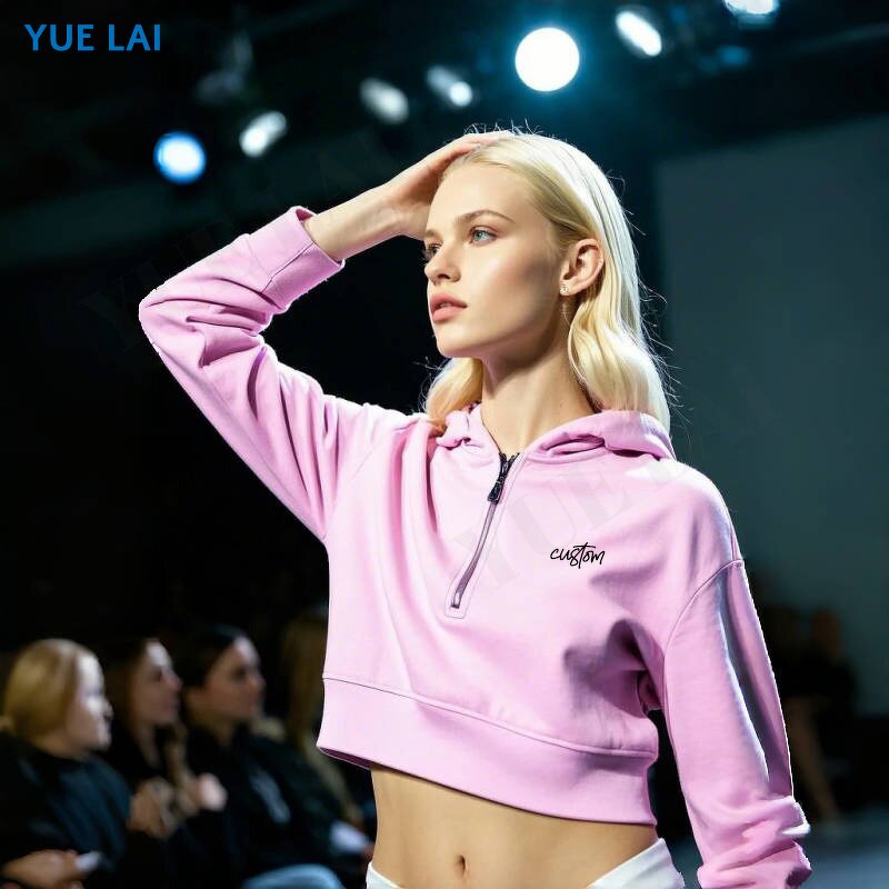 Embroidered Hoodies Factory - OEM/ODM Custom High Quality Logo Embroidered Fashion Half Zipper Cropped Hoodies