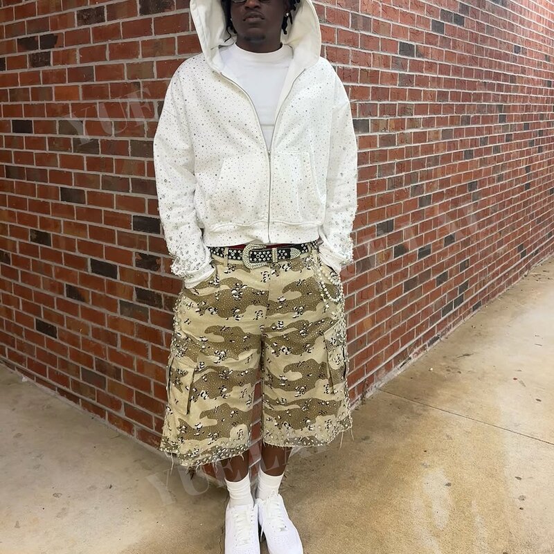 Custom Men's Cargo Shorts Factory - OEM/ODM Custom Men's Utility Pocket Raw Edge Oversize Canvas Cargo Shorts Embroidery