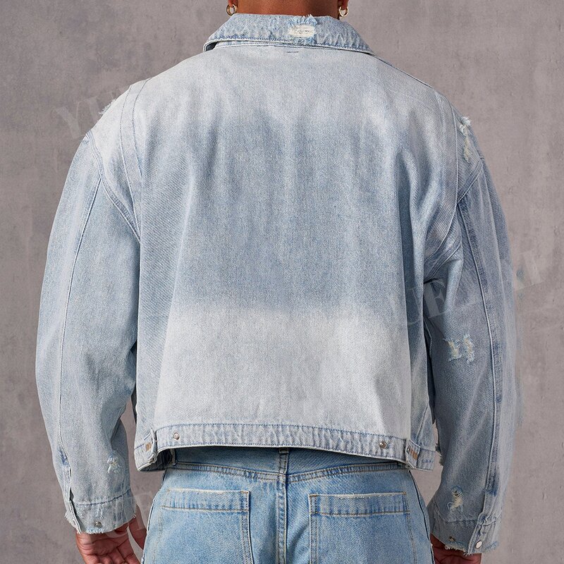 Cropped Denim Jacket Factory - OEM/ODM Custom Logo Cropped Washed Denim Jacket Sun Faded Distressed Vintage Heavyweight