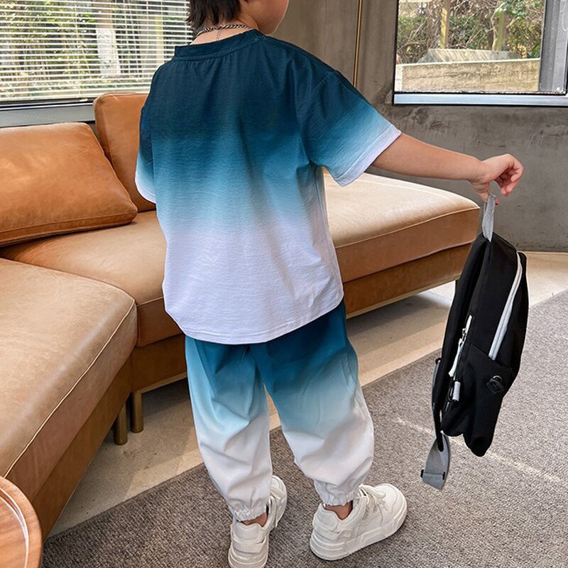 Boys Summer T-Shirt Sets Factory - OEM/ODM Custom Trendy Brand Gradient Color Boys Summer T-Shirt Sets 2025 Children's Clothes