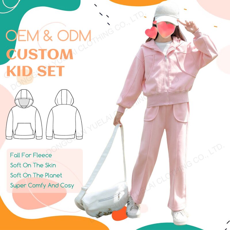 Children Pink Clothes Factory - OEM/ODM Custom OEM Heavy Weight Logo Printed Children Pink Clothes Blank Zipper Hoodies Set