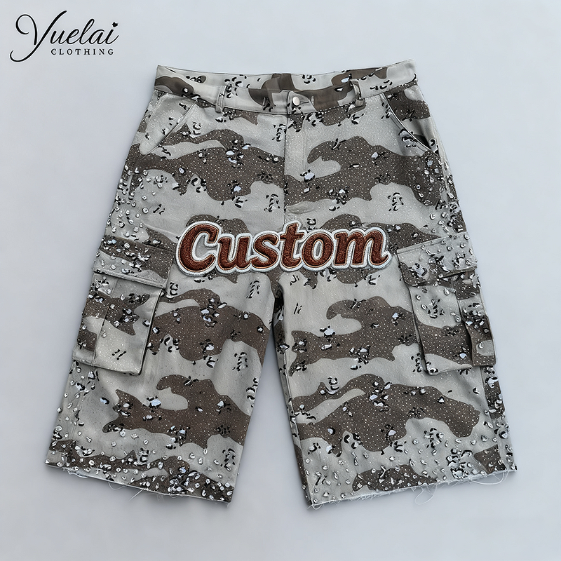 Custom Men's Cargo Shorts Factory - OEM/ODM Custom Men's Utility Pocket Raw Edge Oversize Canvas Cargo Shorts Embroidery