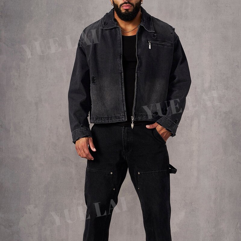 Cropped Denim Jacket Factory - OEM/ODM Custom Logo Cropped Washed Denim Jacket Sun Faded Distressed Vintage Heavyweight