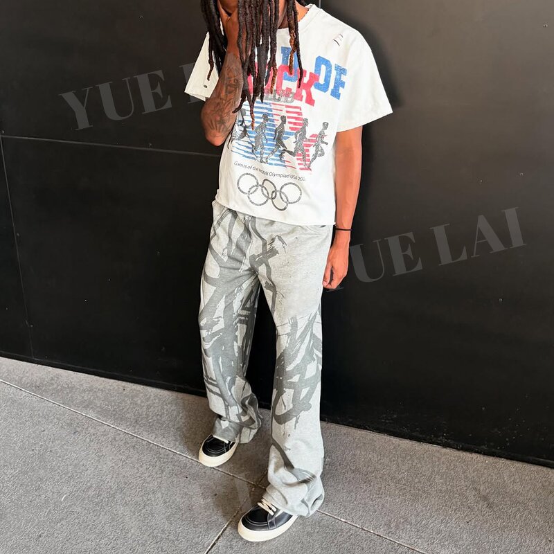 Sweatpants Factory - OEM/ODM Custom Logo Washed French Terry 100%Cotton Sweatpants Full Printing Unisex Vintage Flared